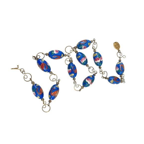 Vintage Hand-Painted Blue Millefiori Glass Bead Necklace Gold-Tone Metal Chain - Picture 7 of 13